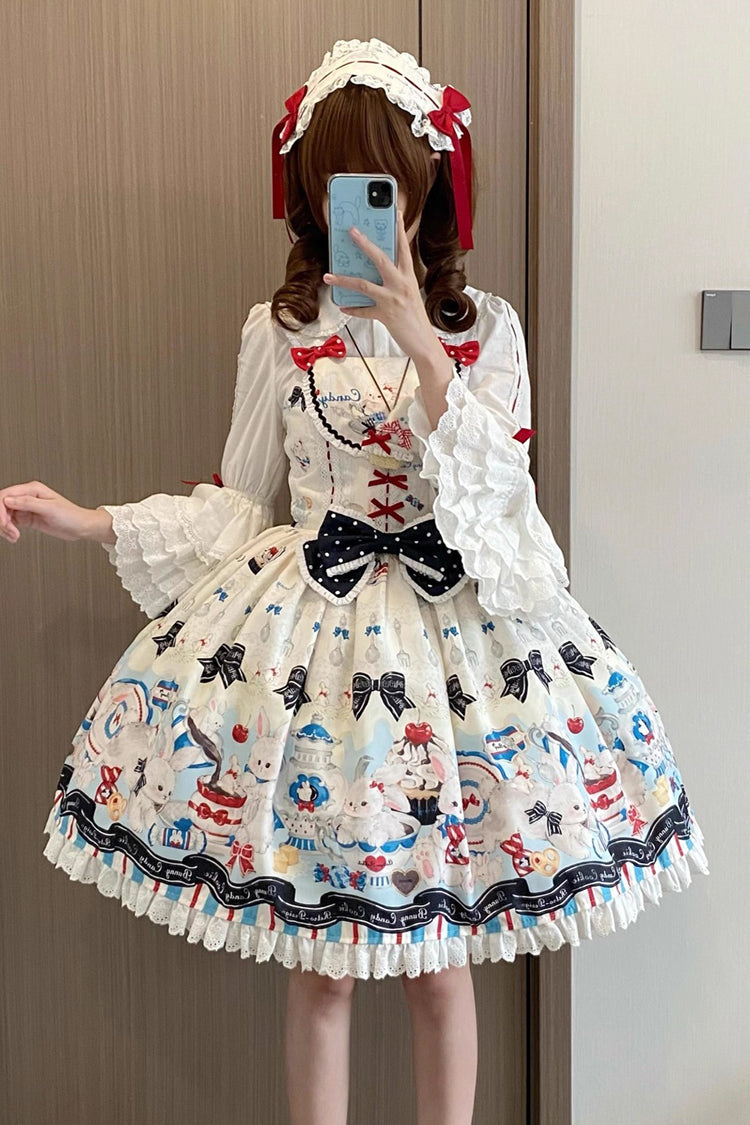 Beige [Mystery Rabbit Tea Party] Sleeveless Print Ruffle Bowknot Lace Sweet Lolita Jsk Dress - Product - 2