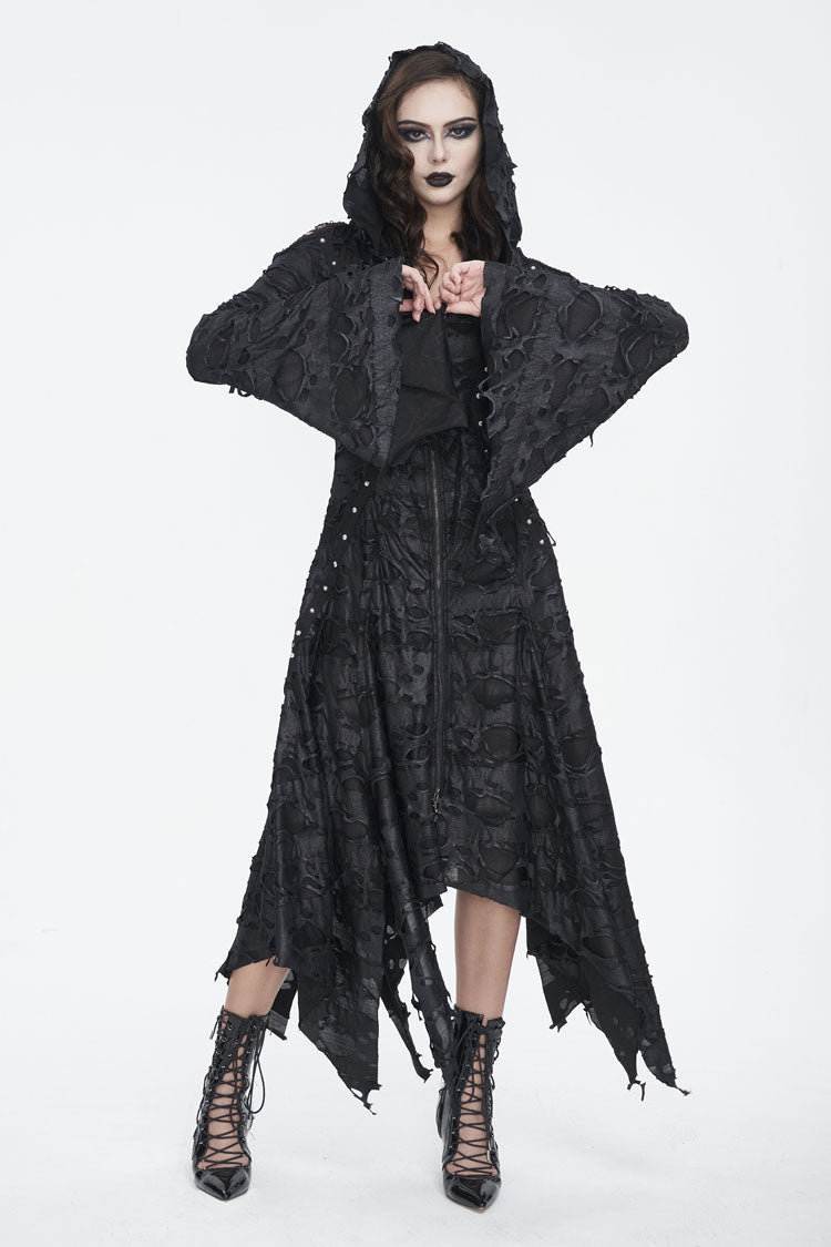 Black Long Trumpet Sleeves Irregular Hooded Womens Gothic Dress - Product - 2
