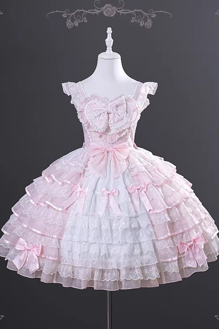 Pink [Cherry Blossom Letter] Sleeveless Multi-Layered Ruffled Embroidered Open-Front Bow Gorgeous Sweet Lolita Jsk Dress - Product - 3