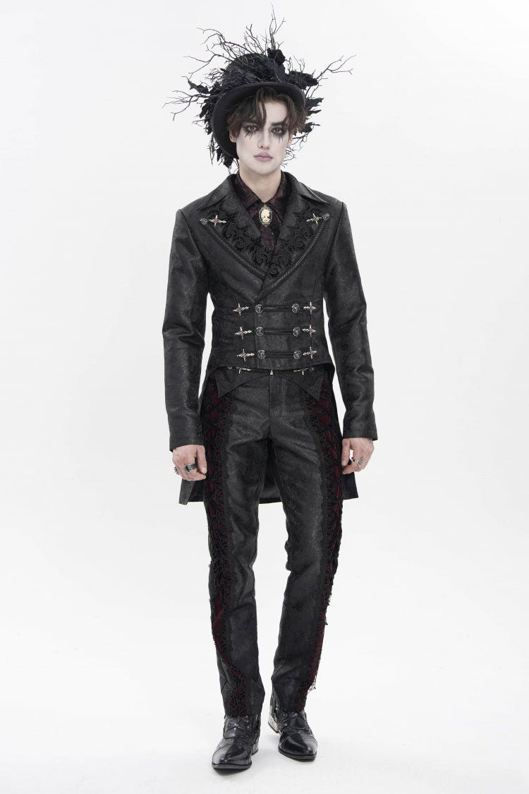 Black Lapel Collar Long Sleeves Lace-Up Slim Men's Gothic Handsome Double-Breasted Jacket - Product - 11