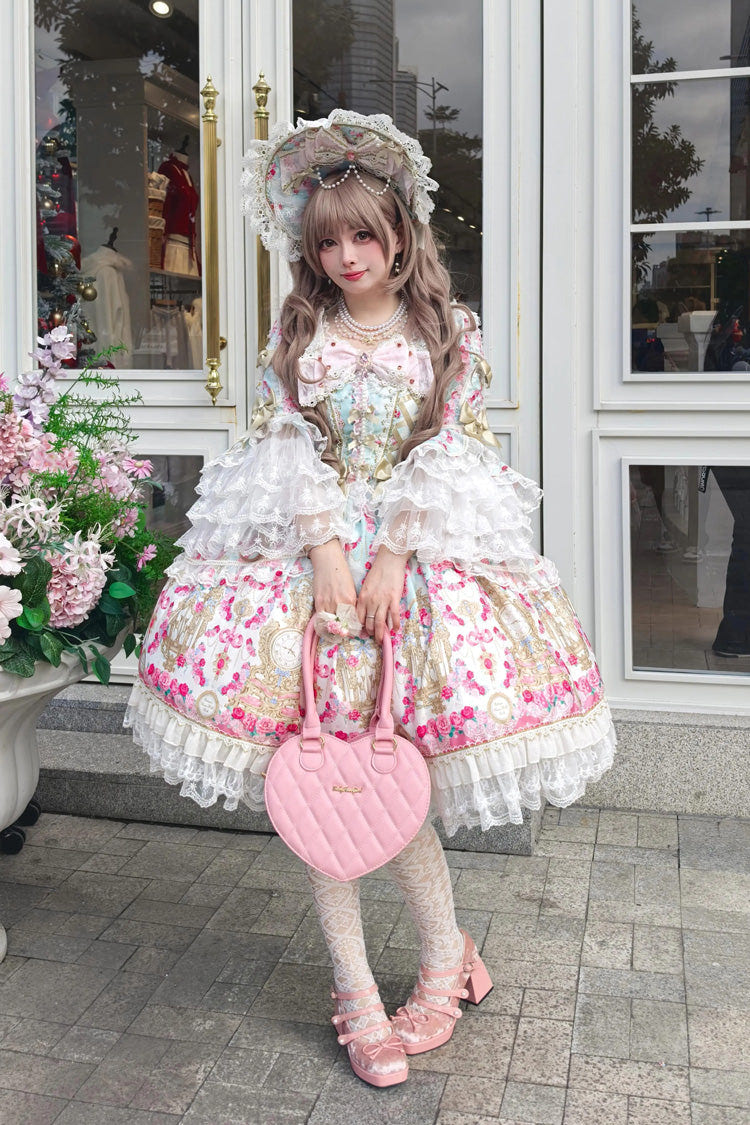 Mint Green/Pink [Rose Garden Prelude] Square Collar Long Trumpet Sleeves Printed Ruffled Bow Lace Lace-Up Sweet Lolita Dress - Product - 2