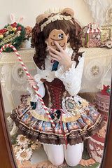 Brown [Candy House] Multi-Layered Print Ruffle Bowknot Lace-Up Sweet Ballet Lolita Jsk Dress - Product - 6