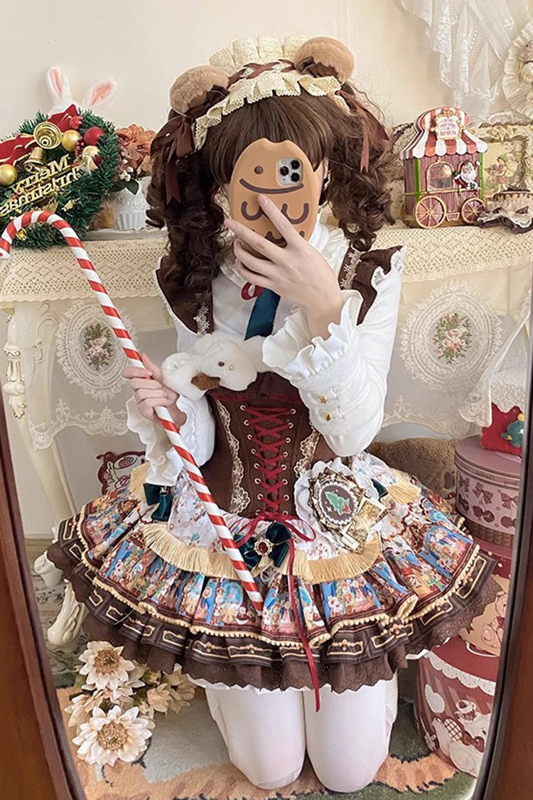 Brown [Candy House] Multi-Layered Print Ruffle Bowknot Lace-Up Sweet Ballet Lolita Jsk Dress - Product - 6