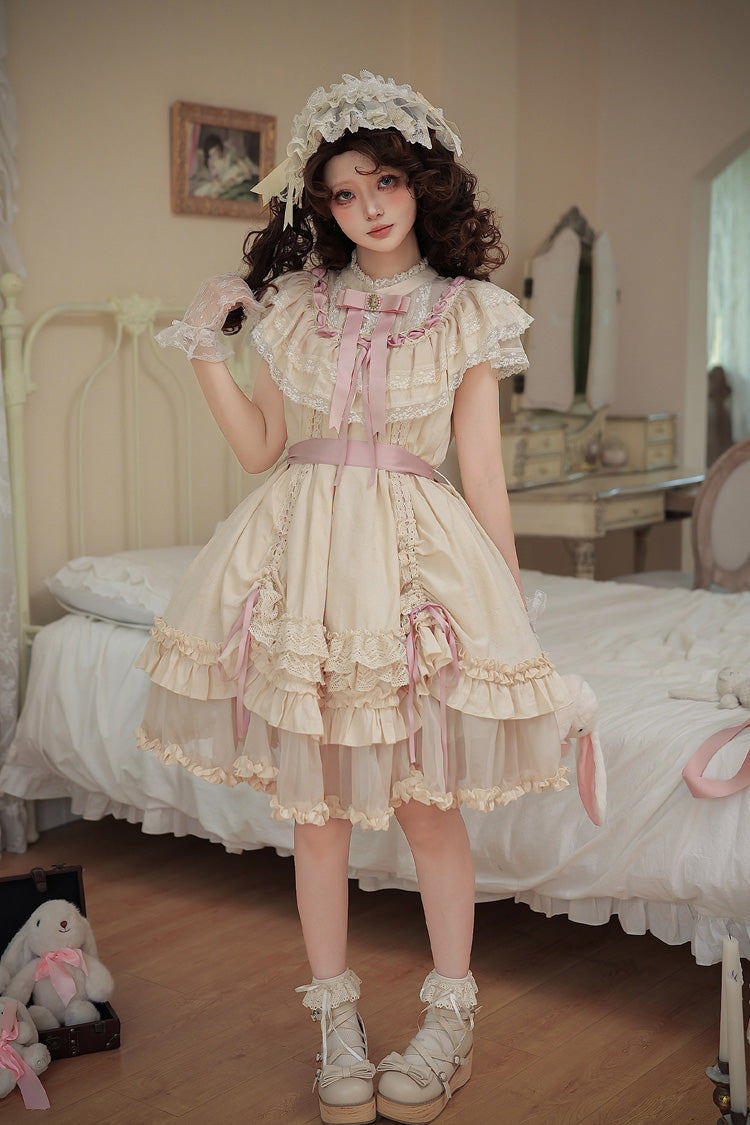 Apricot [Lily's Dream] Stand Collar Short Sleeves Loose-Fit Doll-Like Multi-Layered Ruffled Bow Lace Sweet Lolita Dress 2 Versions - Product - 17