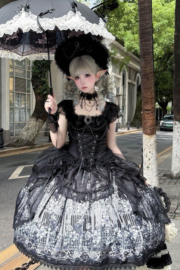 Black [Sacred Thorn Feather Relic] Square Collar Short Sleeves Printed Ruffled Open-Front Bow Lace Gothic Lolita Dress - Product - 4