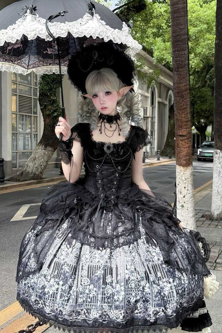 Black [Sacred Thorn Feather Relic] Square Collar Short Sleeves Printed Ruffled Open-Front Bow Lace Gothic Lolita Dress - Product - 4