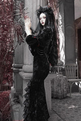 Black [Castle of Dark Romance] Square Collar Short Sleeves Multi-Layered Ruffled Embroidered Open-Front Lace Gothic Lolita Mermaid Dress - Product - 4
