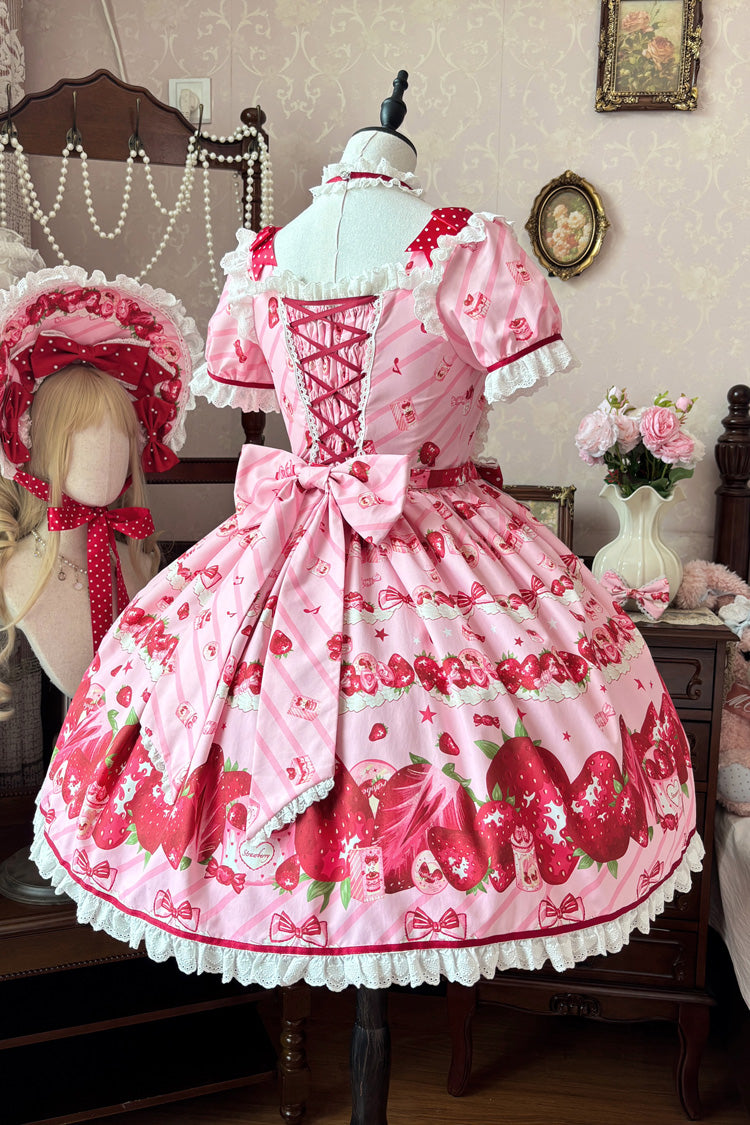 Pink [Strawberry Gift Box] Short Sleeves Print Ruffle Bowknot Lace Sweet Lolita Dress - Product - 7