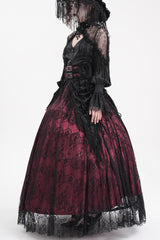 Wine Red Print Embroidery Tassels Buckle-up Lace-Up Women's Gothic Long Skirt - Product - 9
