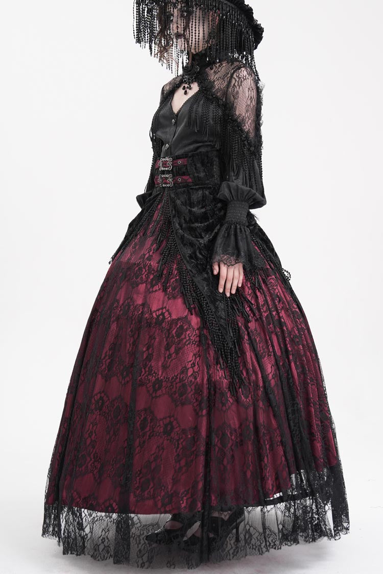 Wine Red Print Embroidery Tassels Buckle-up Lace-Up Women's Gothic Long Skirt - Product - 9