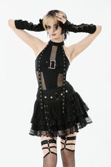 Black Off Shoulder Halterneck Sleeveless Mesh Eyelet Strap Women's Punk Top - Product - 6