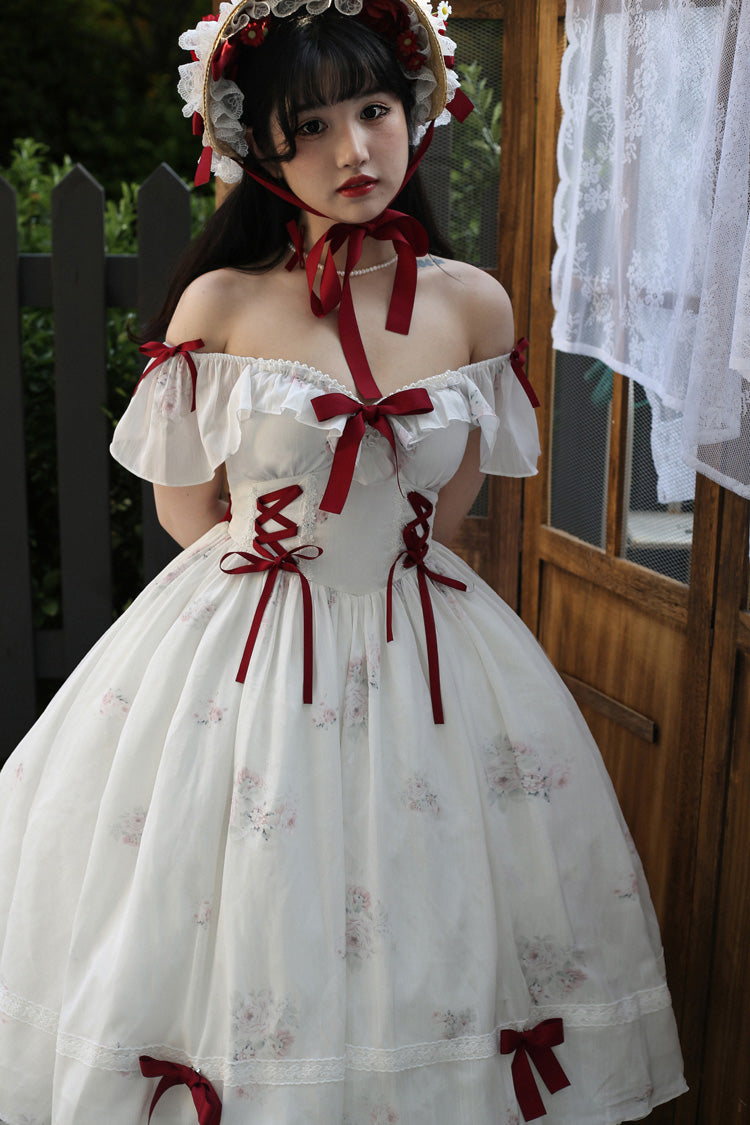 Rose Elegant Short Sleeves Print Ruffle Bowknot Sweet Plus Size Lolita Dress 2 Colors - Product - 9