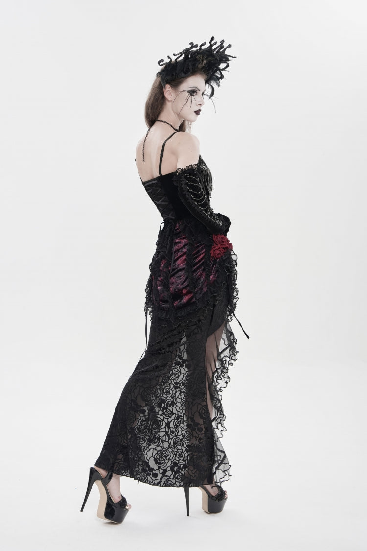 Black Lace-Up Women's Gothic Embroidered Tassels  Overbust Corset - Product - 4