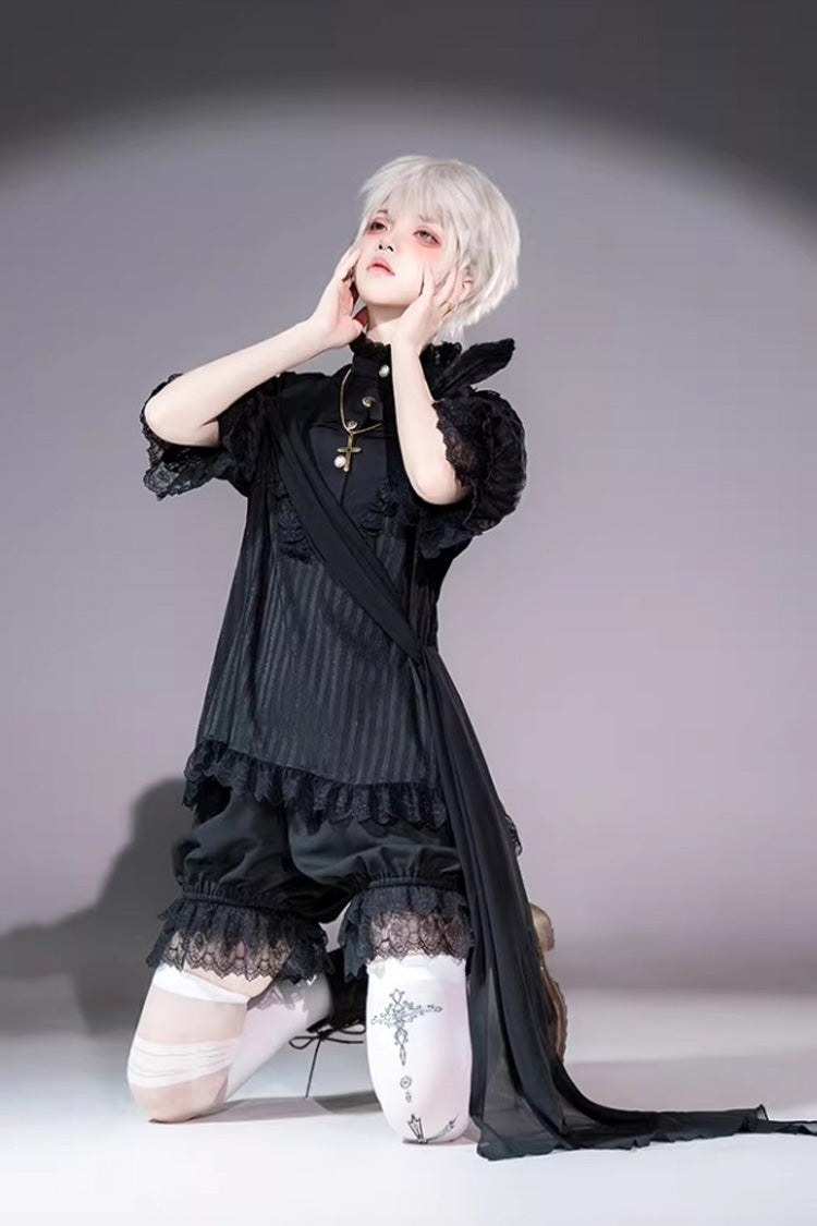 Black Stand Collar Long Short Sleeves Printed Ruffled Lace Gothic Ouji Lolita Set 2 Versions - Product - 6
