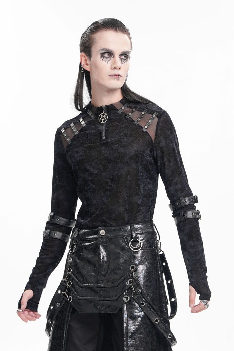 Black Round Collar Long Sleeves Buckle Star Studs Men's Gothic T-Shirt - Product - 9