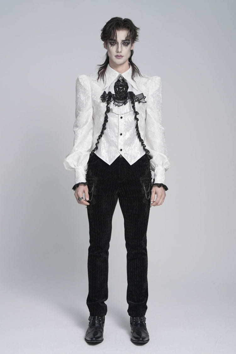 White Lapel Collar Long Sleeves Jacquard Swallow-tailed Lace Men's Gothic Palace Shirt - Product - 4