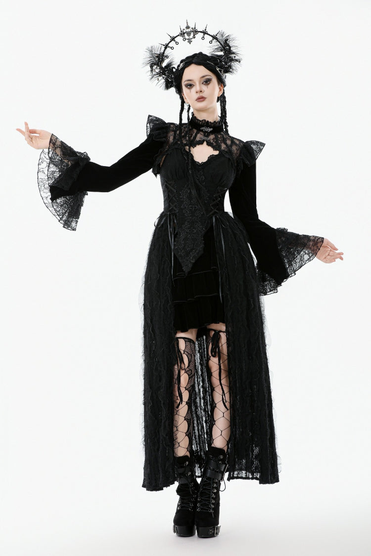 Black Stand Collar Long Flared Sleeves Lace Spliced Velvet Women's Gothic Cape - Product - 8