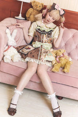 Brown Cake Chocolate Dessert Print Ruffle Bowknot Sweet Lolita Strap Dress - Product - 5