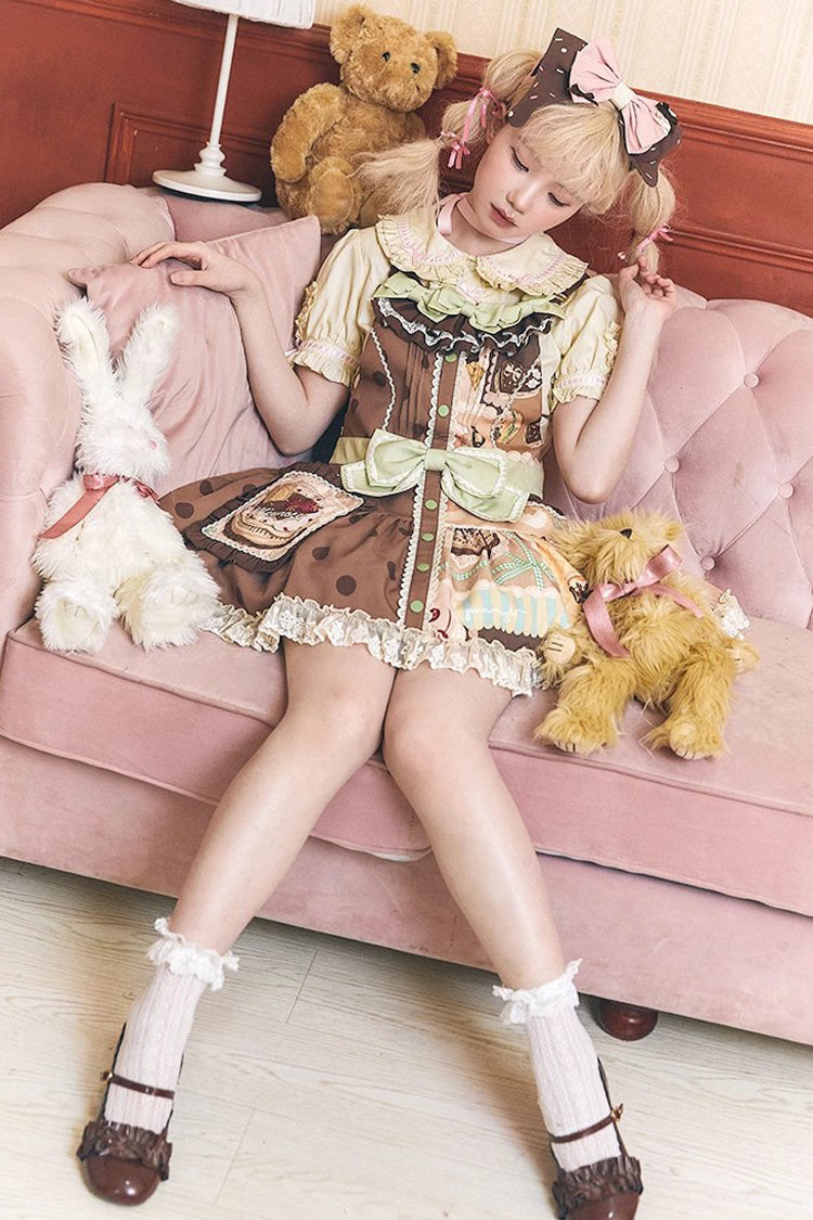Brown Cake Chocolate Dessert Print Ruffle Bowknot Sweet Lolita Strap Dress - Product - 5