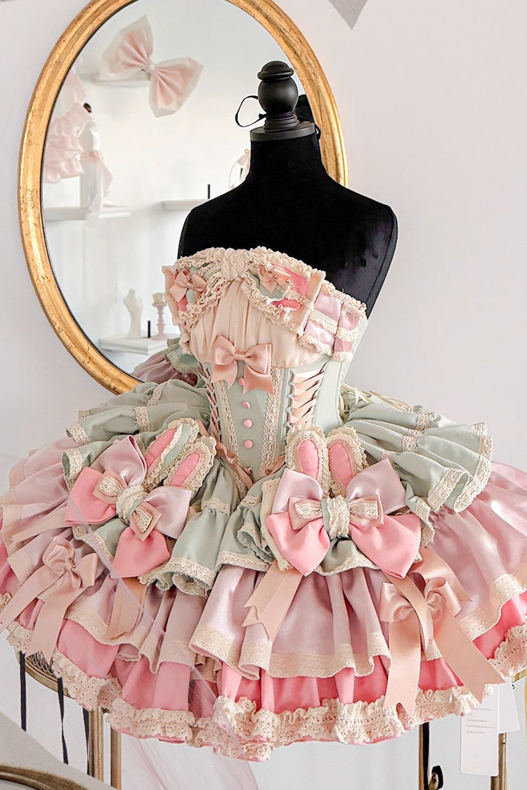 [Ribbon Dance] Multi-Layered Ruffle Bowknot Lace-Up Sweet Princess Lolita Dress 3 Colors - Pink/Green - 1