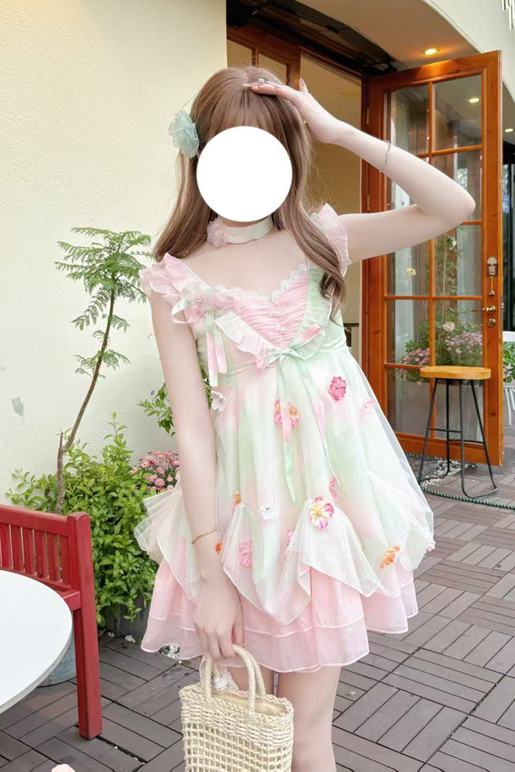 Pink/Green [Dream of Flowers] Sleeveless Print Ruffle Lace Sweet Princess Lolita Jsk Dress - Pink/Green - 1