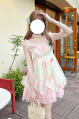 Pink/Green [Dream of Flowers] Sleeveless Print Ruffle Lace Sweet Princess Lolita Jsk Dress - Pink/Green - 1