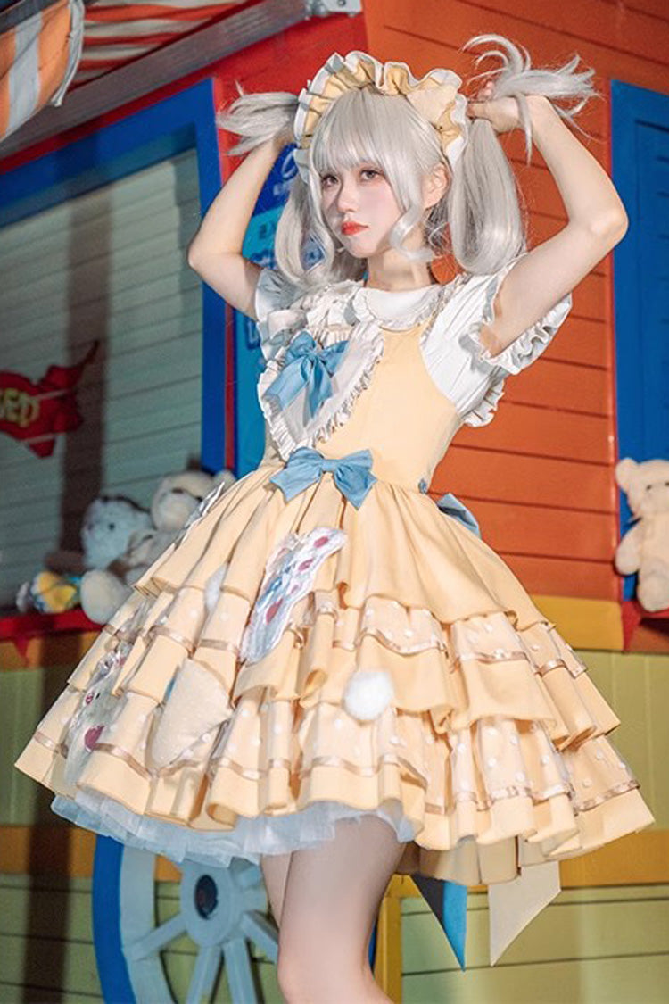Yellow Bear Cheese Multi-layer Print Ruffle Bowknot Sweet Lolita Dress - Product - 3