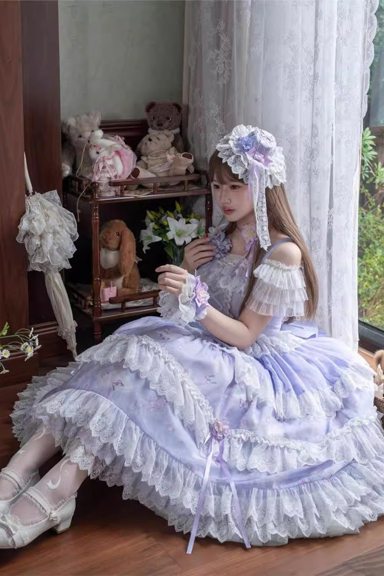 Purple [Lavender] Sleeveless Multi-Layered Print Ruffle Bowknot Lace-Up Sweet Elegant Lolita Jsk Dress Set - Product - 4