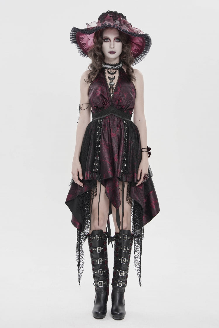 Black/Red Off Shoulder Sleeveless Multi-Layered Printed Lace Irregular Tassels Women's Gothic Dress - Product - 2