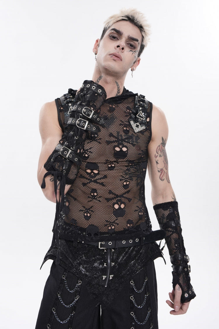 Black Sleeveless Slim  Skull Hooded Mesh Eyelet Men's Punk Cool Vest - Black - 1