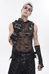 Black Sleeveless Slim  Skull Hooded Mesh Eyelet Men's Punk Cool Vest - Black - 1