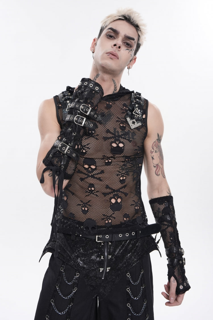 Black Sleeveless Slim  Skull Hooded Mesh Eyelet Men's Punk Cool Vest - Black - 1