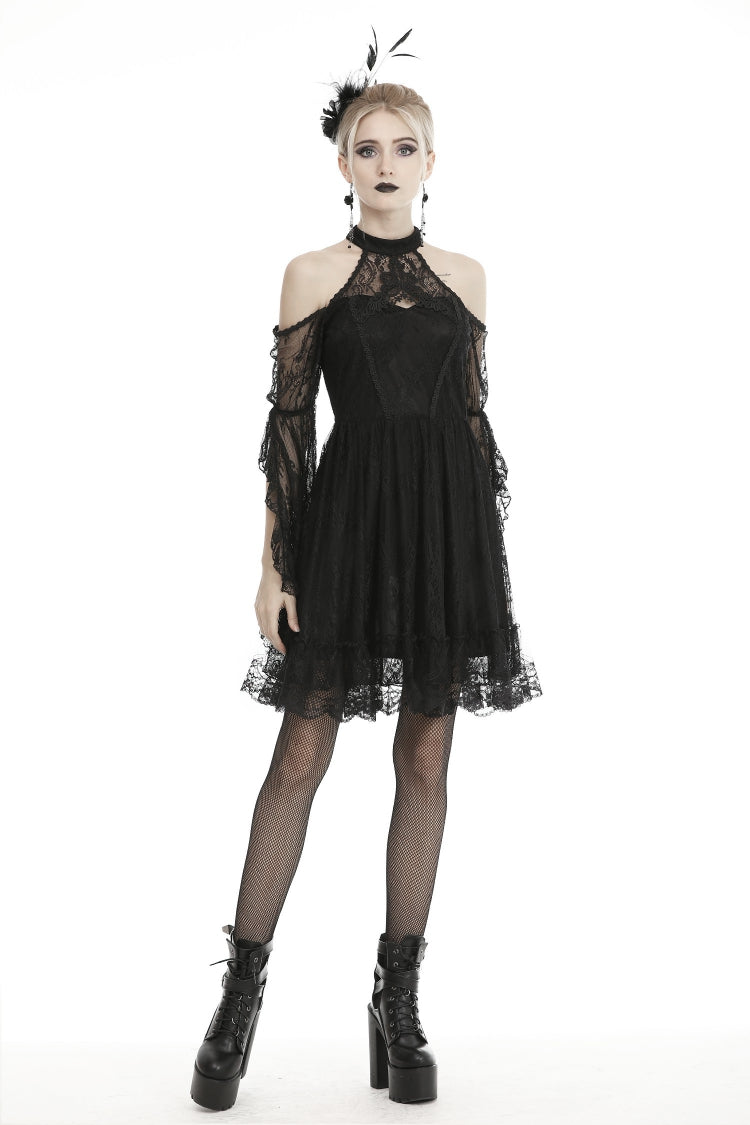 Black Off Shoulder Halterneck Long Sleeves Lace Women's Gothic Dress - Product - 8