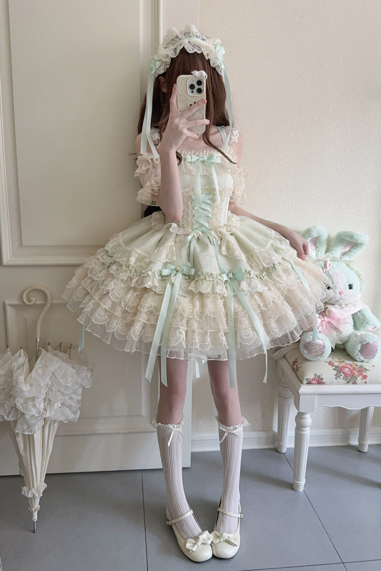 Green [Ribbon Heart Love] Sleeveless Multi-Layered Ruffle Bowknot Lace Lace-Up Sweet Princess Ballet Lolita Jsk Dress - Product - 9