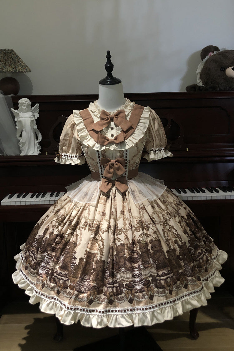 Brown [Teddy Bear Party] Round Collar Short Sleeves Printed Ruffled Bow Daily Sweet Lolita Dress - Product - 5