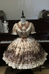 Brown [Teddy Bear Party] Round Collar Short Sleeves Printed Ruffled Bow Daily Sweet Lolita Dress - Product - 5