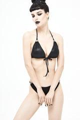 Black Metal Loop Shoulder Strap Vertical Lines Shimmer Women's Punk Bikini - Product - 2