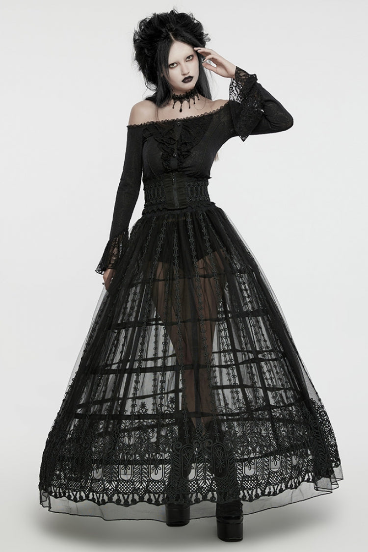 Black Floral Embroidery Mesh Women's Gothic Skirt - Product - 4