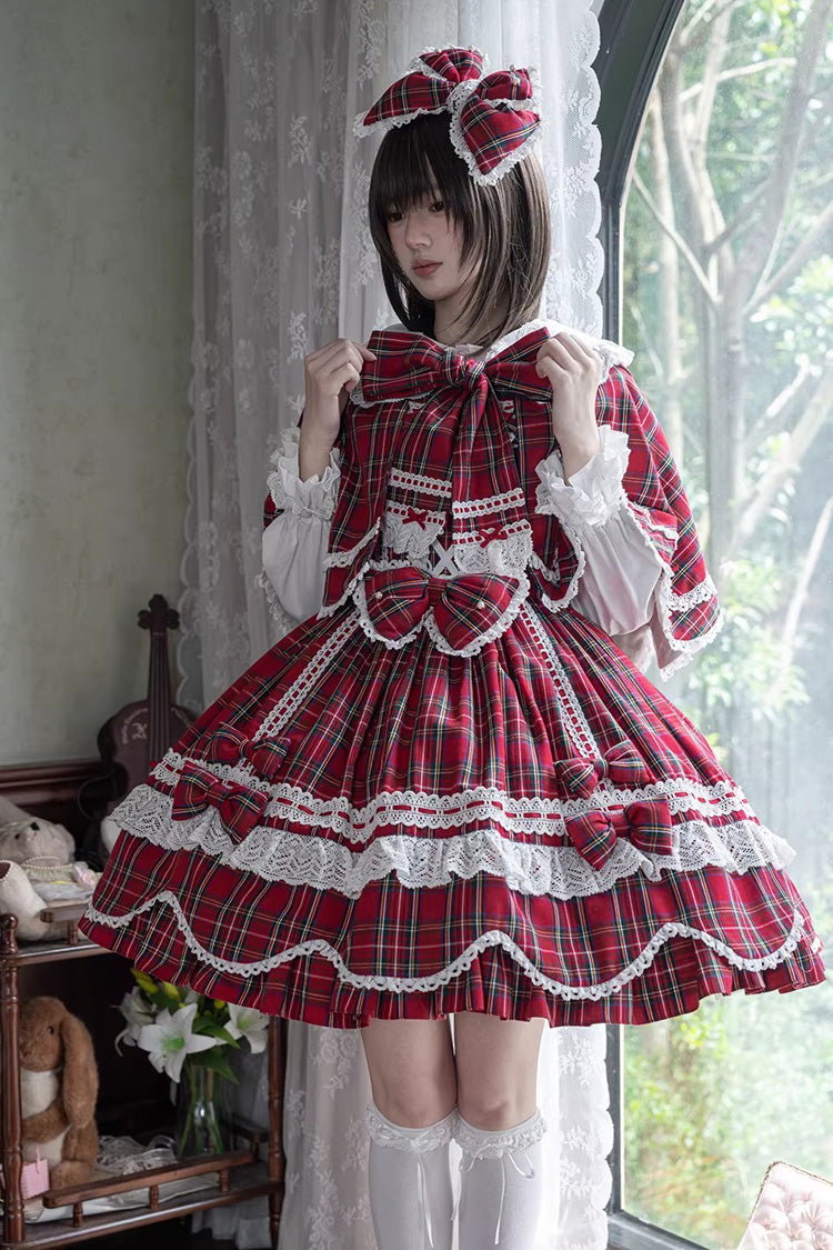 Red [Gingham Petal Bunny] Short Sleeves Printed Ruffled Bow Sweet Lolita OP Dress - Product - 11