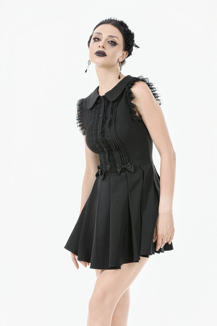 Black Peter Pan Collar Sleeveless Bowknot Pleated Women's Gothic Graduation Dress - Product - 5