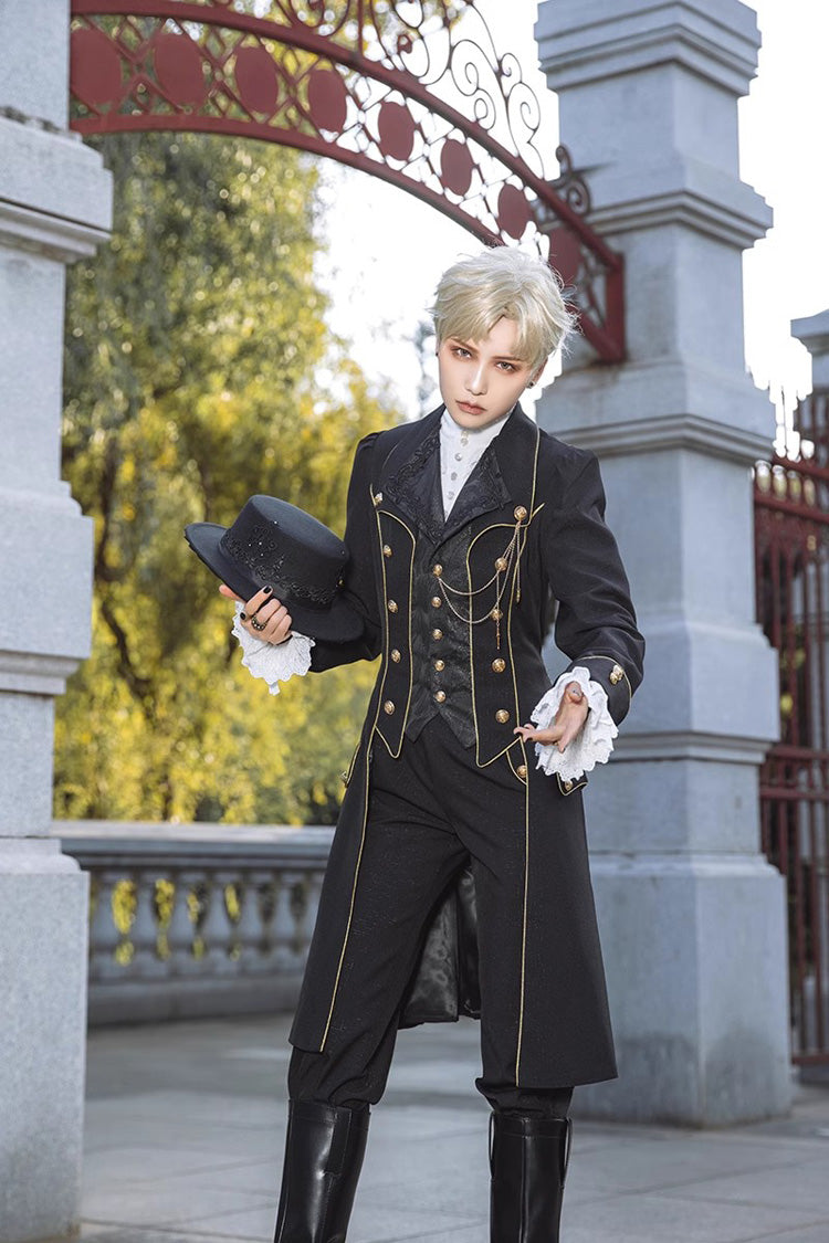 Prince Retro Immortal Black and White Rose Single Breasted Ouji Fashion Lolita Coat - Product - 11