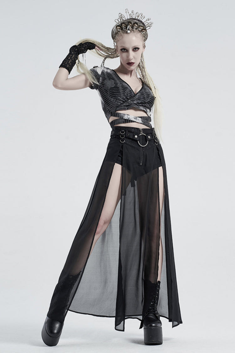 Fake Two Pieces PU Leather Stitching Sheer Women's Steampunk Skirt 2 Colors - Product - 11