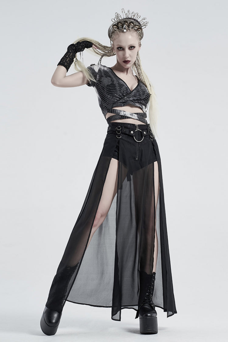 Fake Two Pieces PU Leather Stitching Sheer Women's Steampunk Skirt 2 Colors - Product - 11