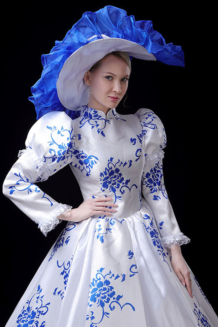 Blue/White Porcelain Printing Stand Collar High Waisted Victorian Lolita Prom Dress - Product - 5