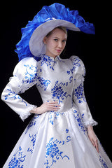Blue/White Porcelain Printing Stand Collar High Waisted Victorian Lolita Prom Dress - Product - 5