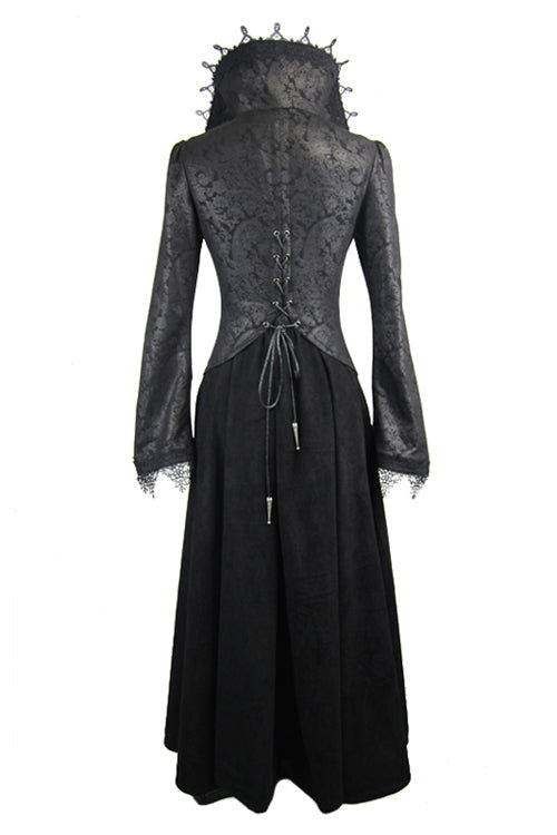 Black Floral Pattern Embroidered Womens Gothic Coat - Product - 5