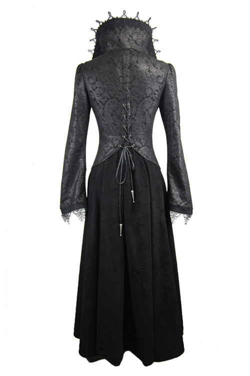 Black Floral Pattern Embroidered Womens Gothic Coat - Product - 5