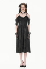 Black Off Shoulder Lace Flutter Sleeves Jacquard Side Corset Lace-Up Women's Gothic Slip Dress - Product - 8