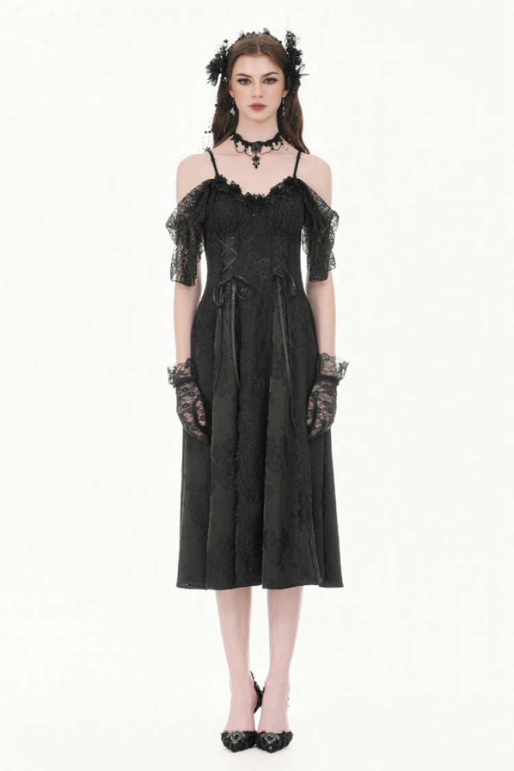 Black Off Shoulder Lace Flutter Sleeves Jacquard Side Corset Lace-Up Women's Gothic Slip Dress - Product - 8
