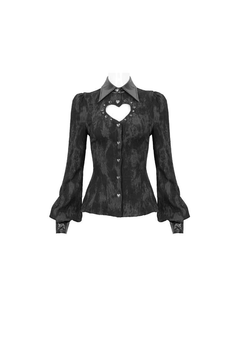Black Leather lapel Heart Cutout Puff Sleeved Women's Gothic Shirt - Product - 5